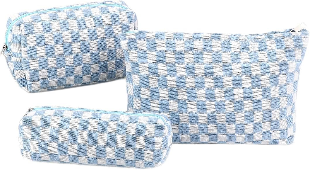 EIMMBD Makeup Bag 3 Pieces Large Capacity Checkered Cosmetic Bag Canvas Travel Toiletry Bag Organ... | Amazon (US)