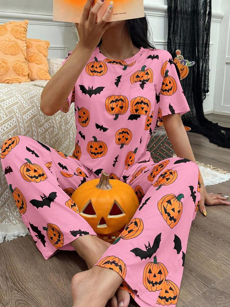CoupledUp CoupledUp Halloween Cartoon Pumpkin & Bat Print Knit Short Sleeve Pajama Set Halloween ... | SHEIN