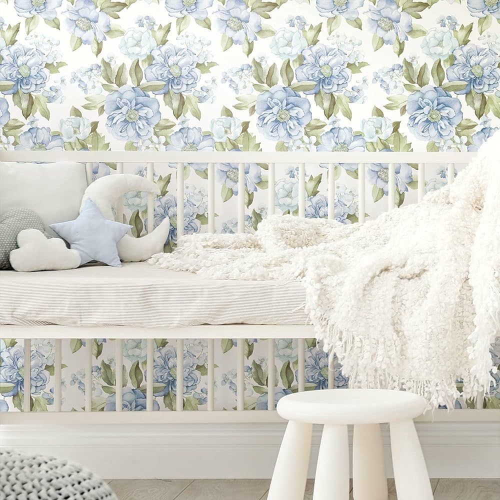 RoomMates RMK12031WP Blue and Indigo Watercolor Floral Bouquet Peel and Stick Wallpaper,Blue / In... | Amazon (US)