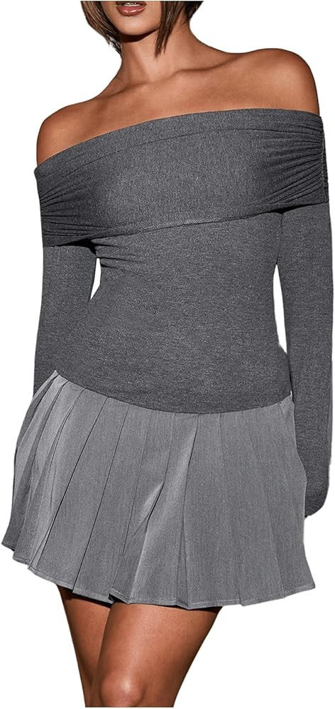 MakeMeChic Women's Off Shoulder Long Sleeve Mini Dress Pleated Flared Hem Office Dresses | Amazon (US)