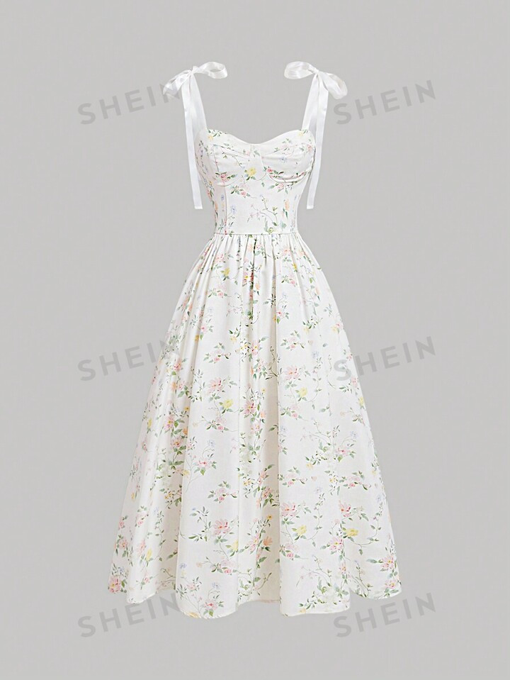 SHEIN MOD Romantic Floral Printed Shoulder Strap Tie Waist Women's Summer Maxi Dress,Summer Women... | SHEIN