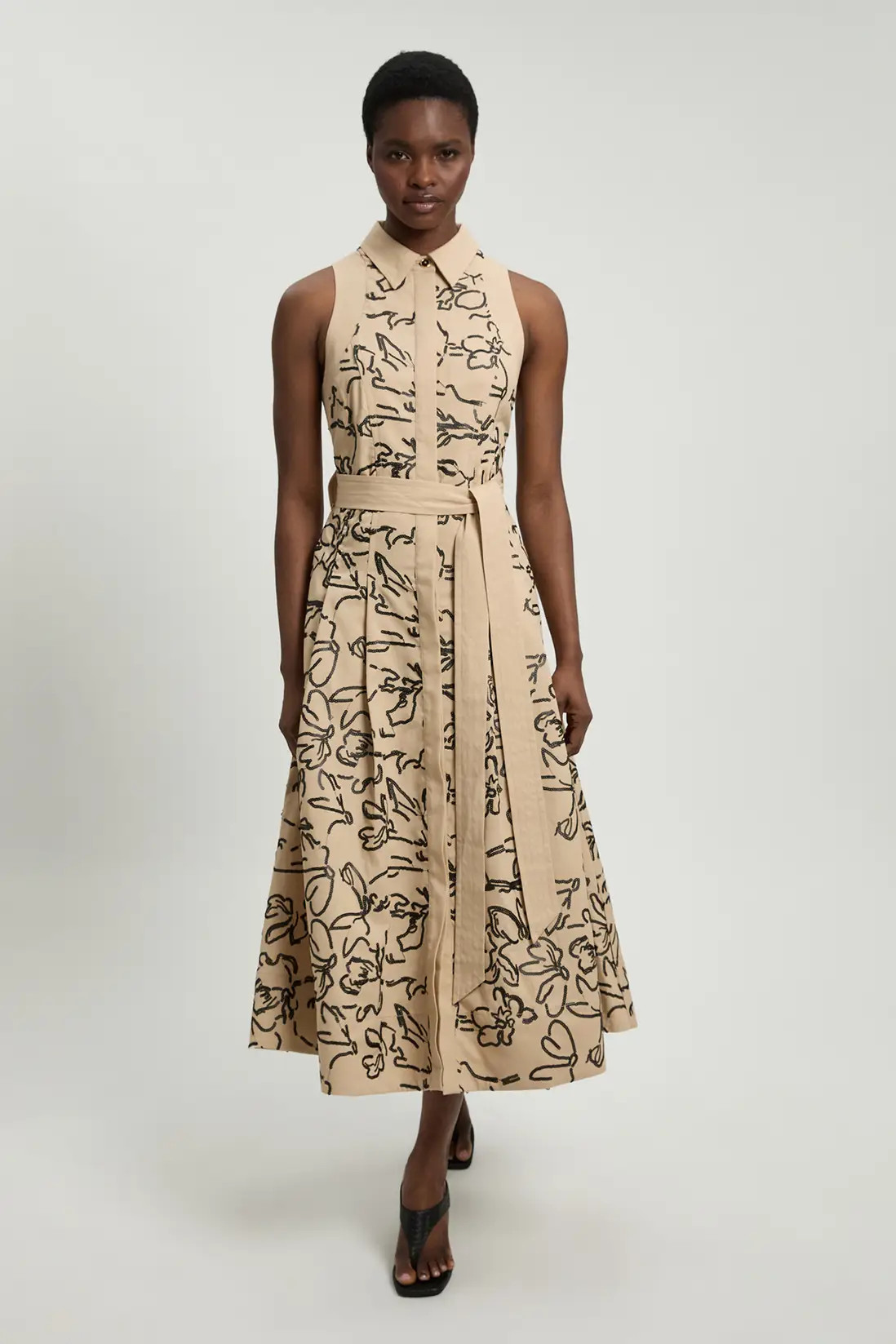 Petite Linen Matte Sequin Collared Midi Dress | Karen Millen