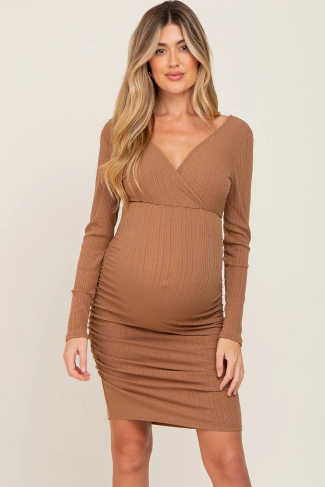 Mocha Ribbed Knit Ruched Wrap Fitted Maternity Dress | PinkBlush Maternity