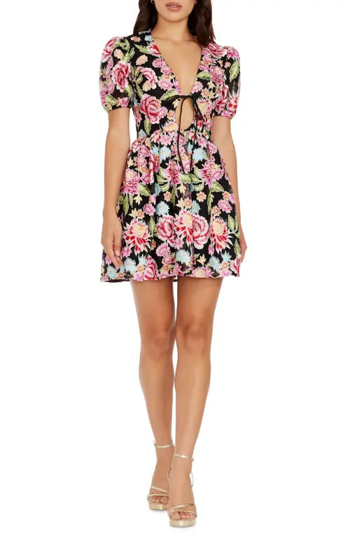 Dress the Population Marina Floral Embroidered Fit & Flare Minidress in Pink Rose Multi at Nordstrom, Size Large | Nordstrom