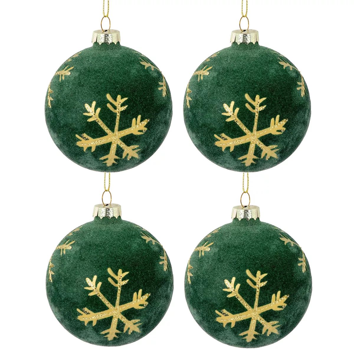 Northlight 4ct Green Velvet Glass Christmas Ball Ornaments with Gold Snowflakes 3" (80mm) | Target