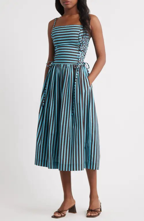 Damson Madder Angelina Stripe Lace-Up Side Midi Sundress in Blue at Nordstrom, Size 4 Us | Nordstrom