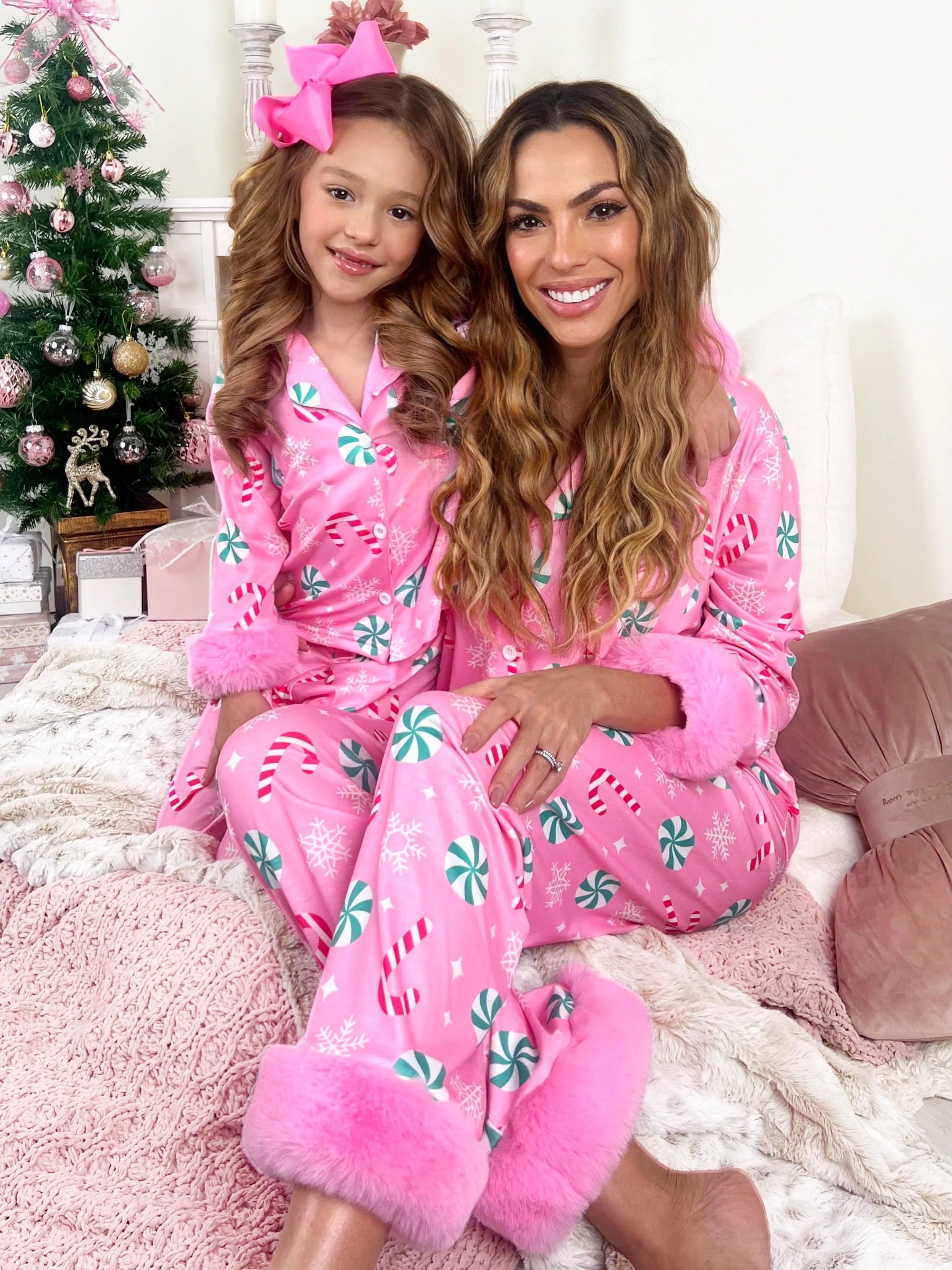 Mommy and Me Peppermint Candy Dream Furry Pajama Set | Mia Belle Girls