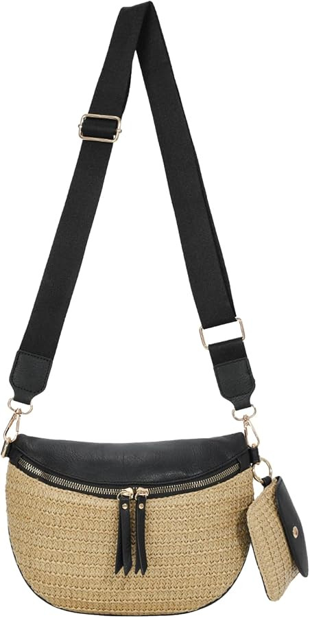 KUANG! Straw PU Leather Crossbody Sling Bag Bum Bag Summer Beach Handbags Wallets for Women with ... | Amazon (US)