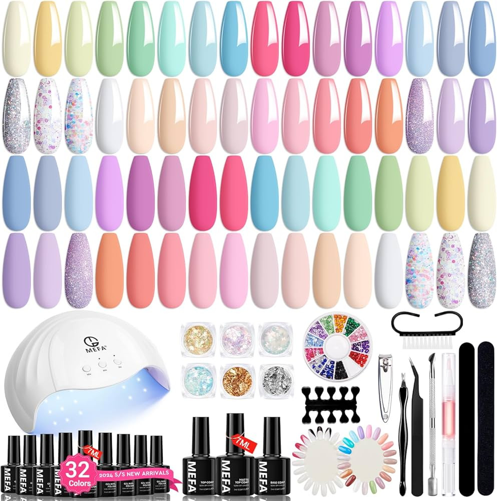 MEFA Gel Nail Polish Kit with U V Light, 32 Colors Spring Gel Nail Kit Pastel Pink Blue Glitter G... | Amazon (US)
