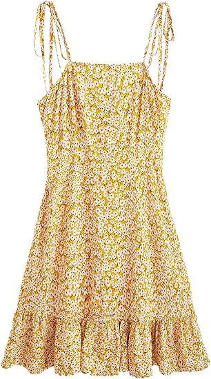 SheIn Women's Summer Floral Ruffle Mini Dress Sleeveless Tie Shoulder A Line Flare Short Dresses ... | Amazon (US)