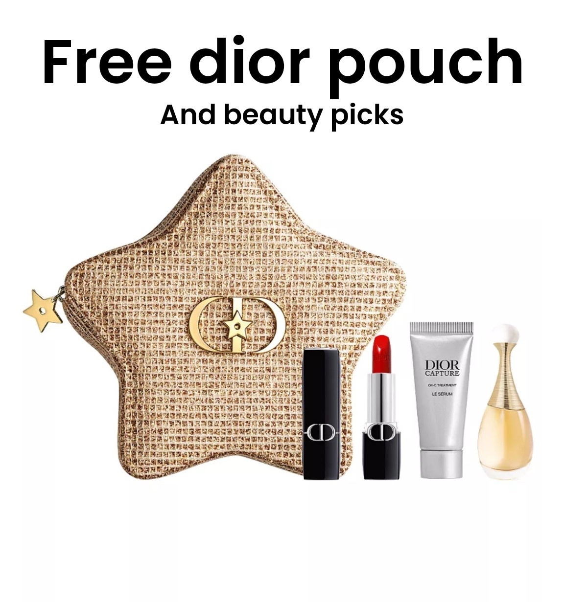 Get this free dior pouch and 3 beauty items with qualifying purchase!

Gift Includes:
👛Dior Pouch
💄Rouge Dior Lipstick 999 Satin Mini, 0.1 oz.
🏺J'adore Eau de Parfum, 5 ml.
Capture Serum, 5 ml.

#LTKSaleAlert #LTKGiftGuide #LTKHoliday