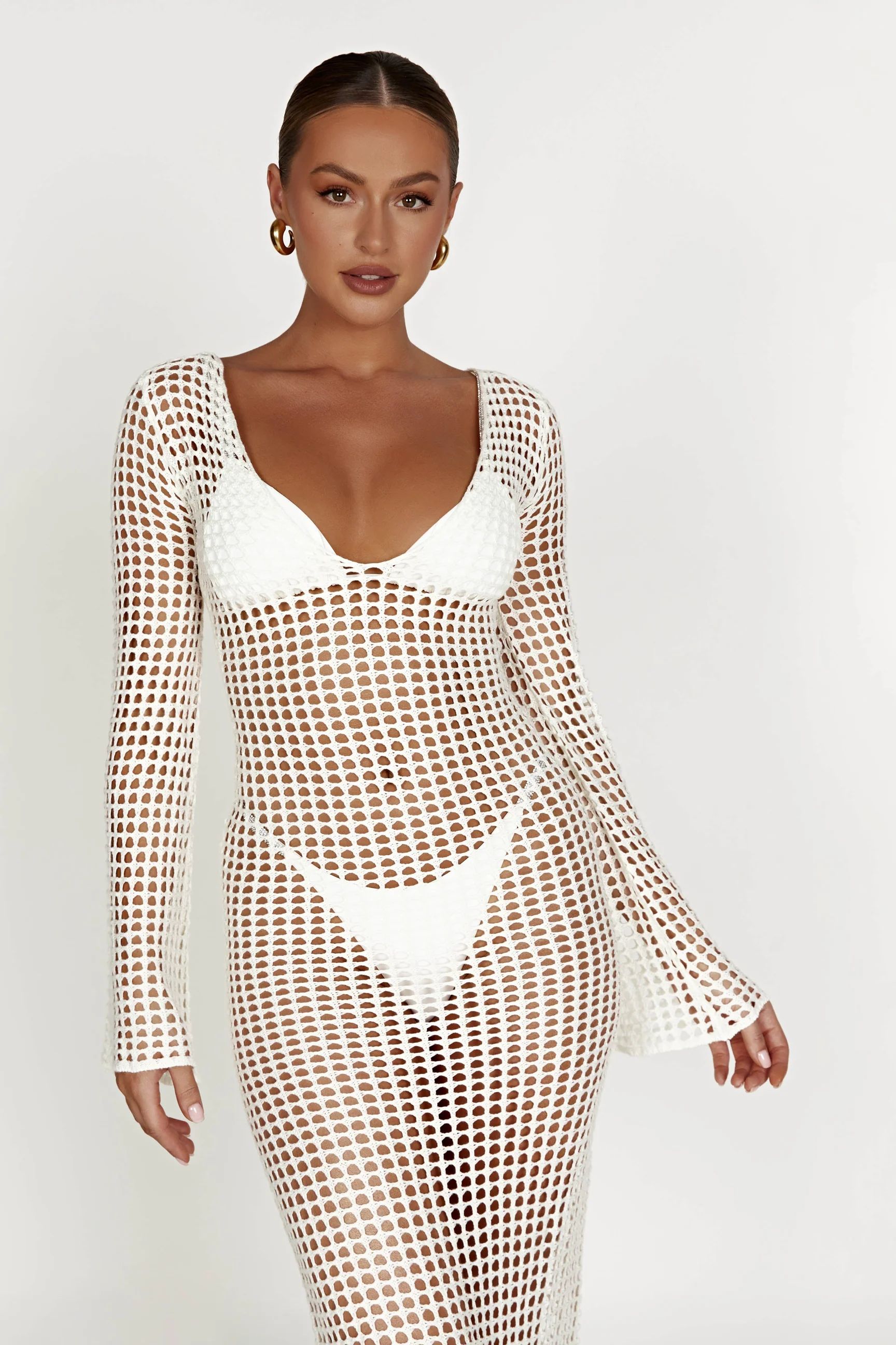 Murphy Long Sleeve Crochet Maxi Dress - White | MESHKI US