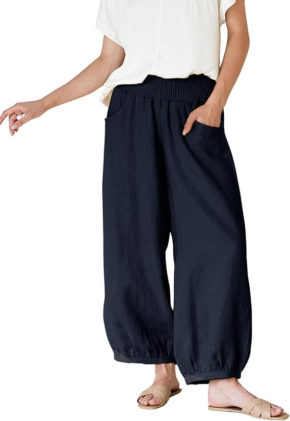 Xiaoxuemeng Womens Wide Leg Pants Cotton Linen Barrel Pants Elastic Waisted Lounge Trousers with ... | Amazon (US)