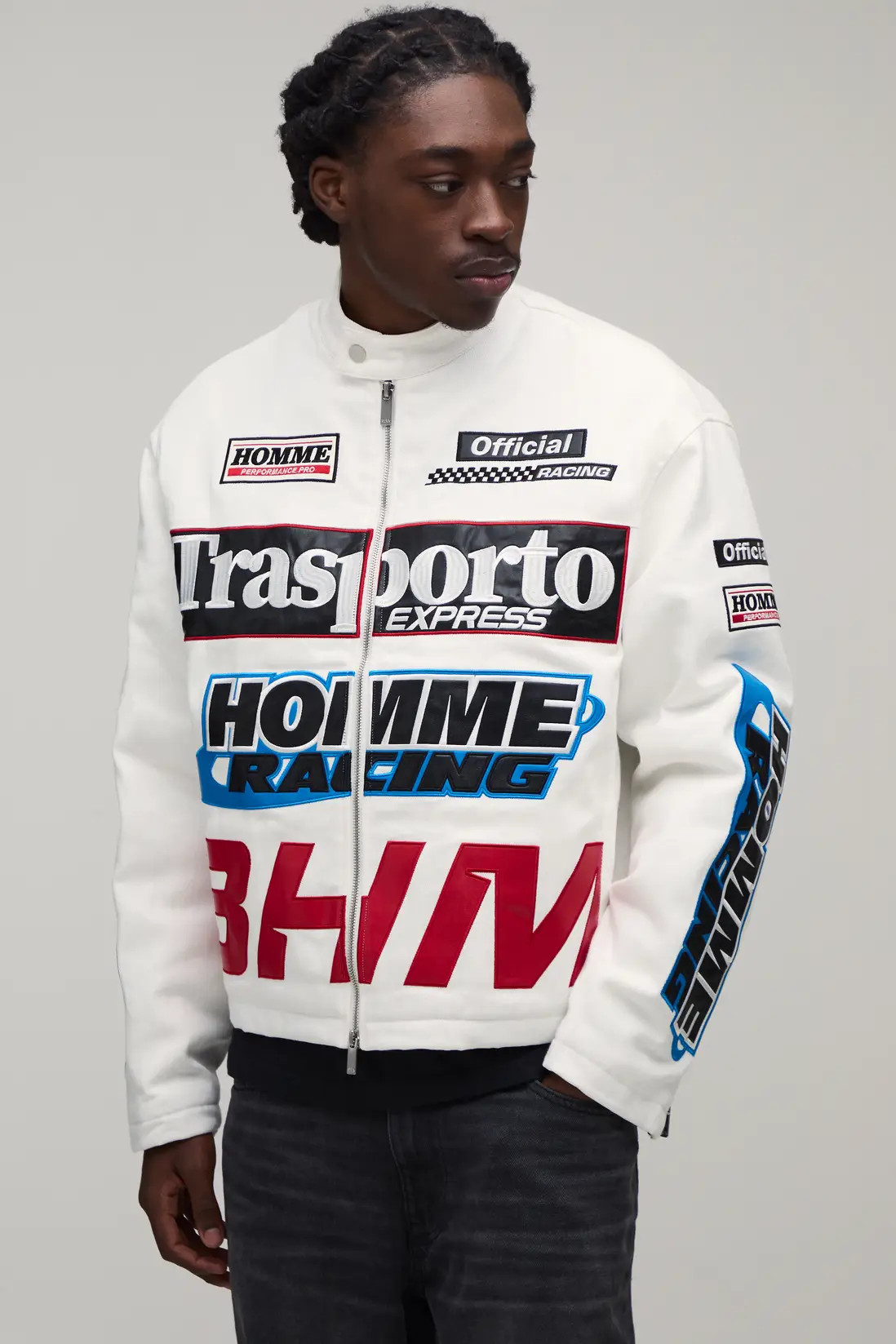 White Boxy Fit Twill Applique Moto Jacket | BOOHOOMAN USA | boohooMAN (US & Canada)