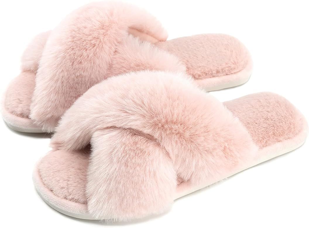 Cozyfurry Women's Fuzzy Slippers Cross Band Soft Plush Cozy House Shoes Furry Open Toe Indoor or Out | Amazon (US)