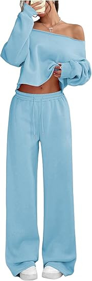 SOLY HUX Women's 2 Piece Outfits Fall Sweatsuits Off The Shoulder Crop Top Wide Leg Sweatpants Ca... | Amazon (US)