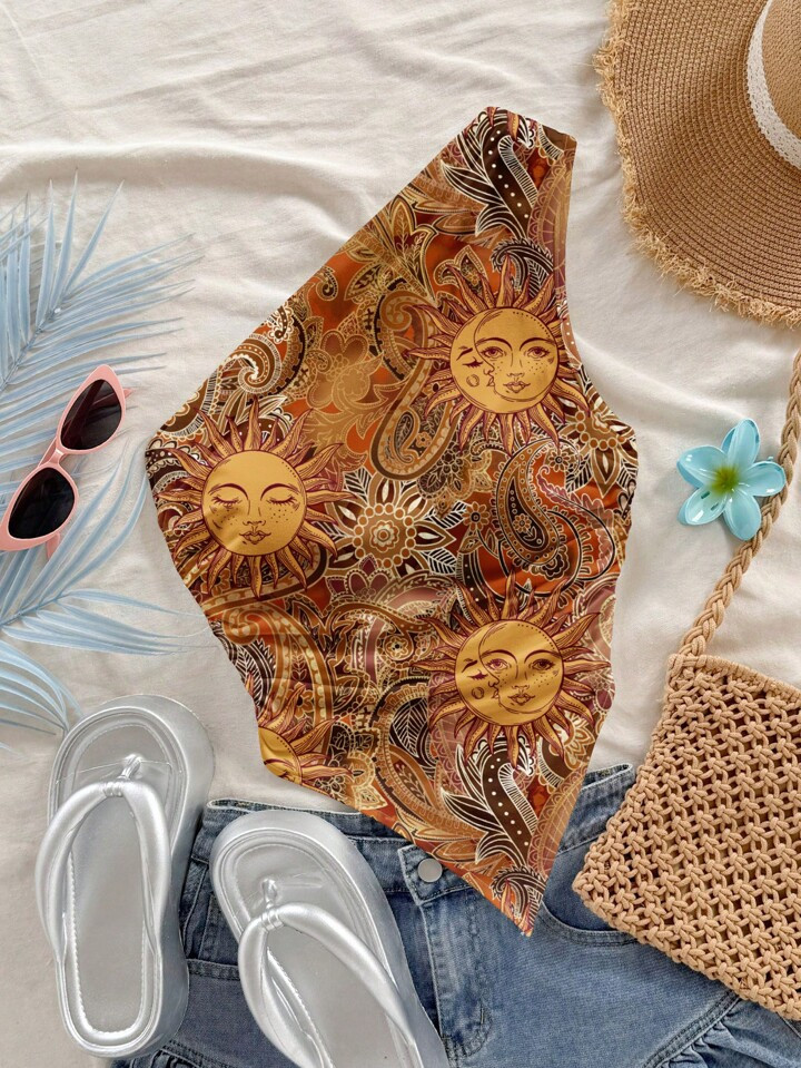 Soleia Vintage Boho Gold Sun God Paisley Pattern Asymmetrical Hem One Shoulder Top, Vacation Styl... | SHEIN