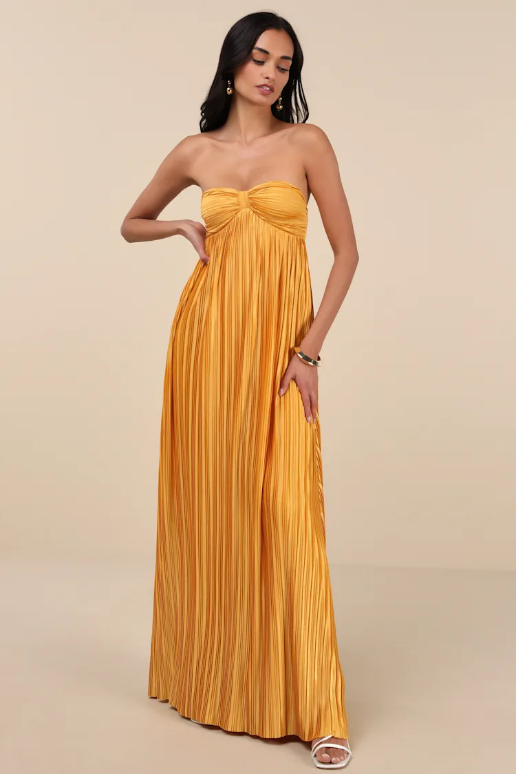 Whimsical Beauty Golden Yellow Satin Plisse Strapless Maxi Dress | Lulus