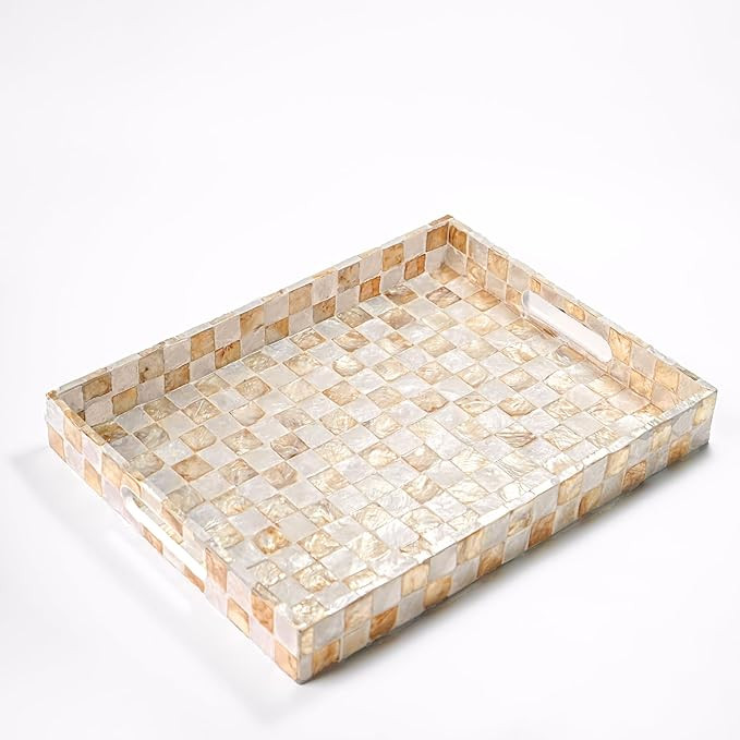 15.8” x 11.8” Rectangle Serving Tray with Handles, Capiz Shells Checkered Rectangular Tray fo... | Amazon (US)