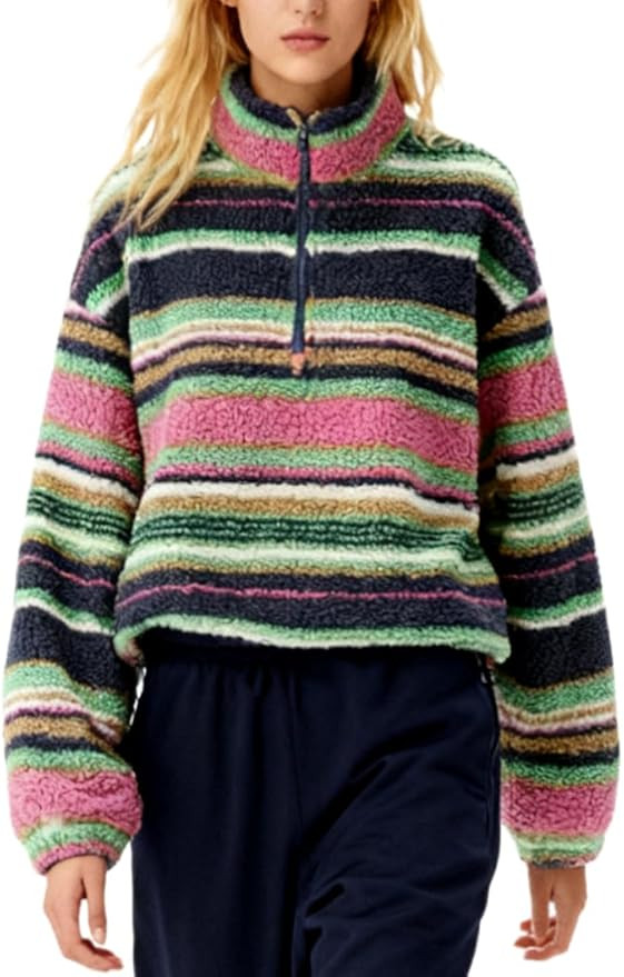 Adoeren Women Stripe Half Zip Fleece Pullover Jacket Turtleneck Winter Lightweight Sweatshirt Fuz... | Amazon (US)