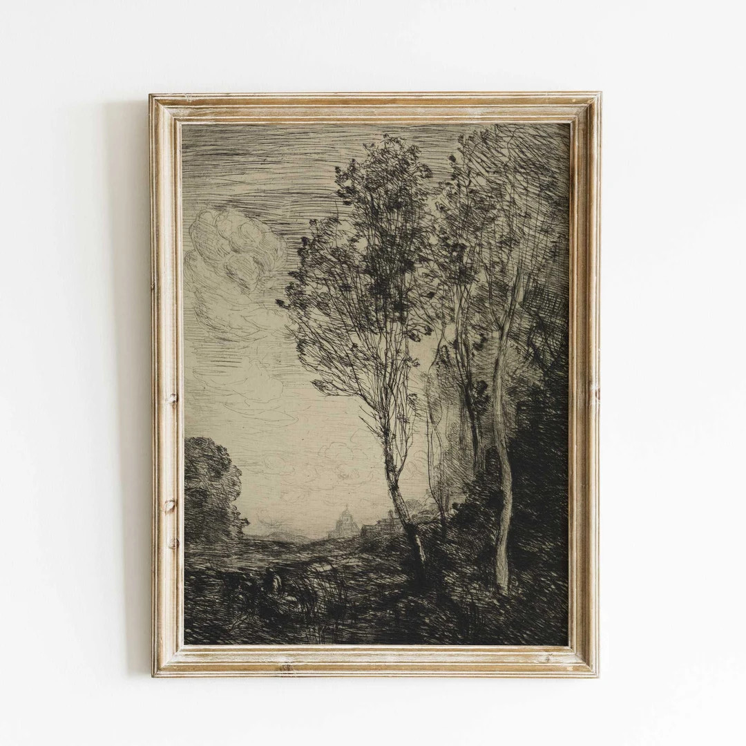 Vintage Tree Sketch Print, Antique Landscape Etching, Dark Moody Wall Art - Etsy | Etsy (US)