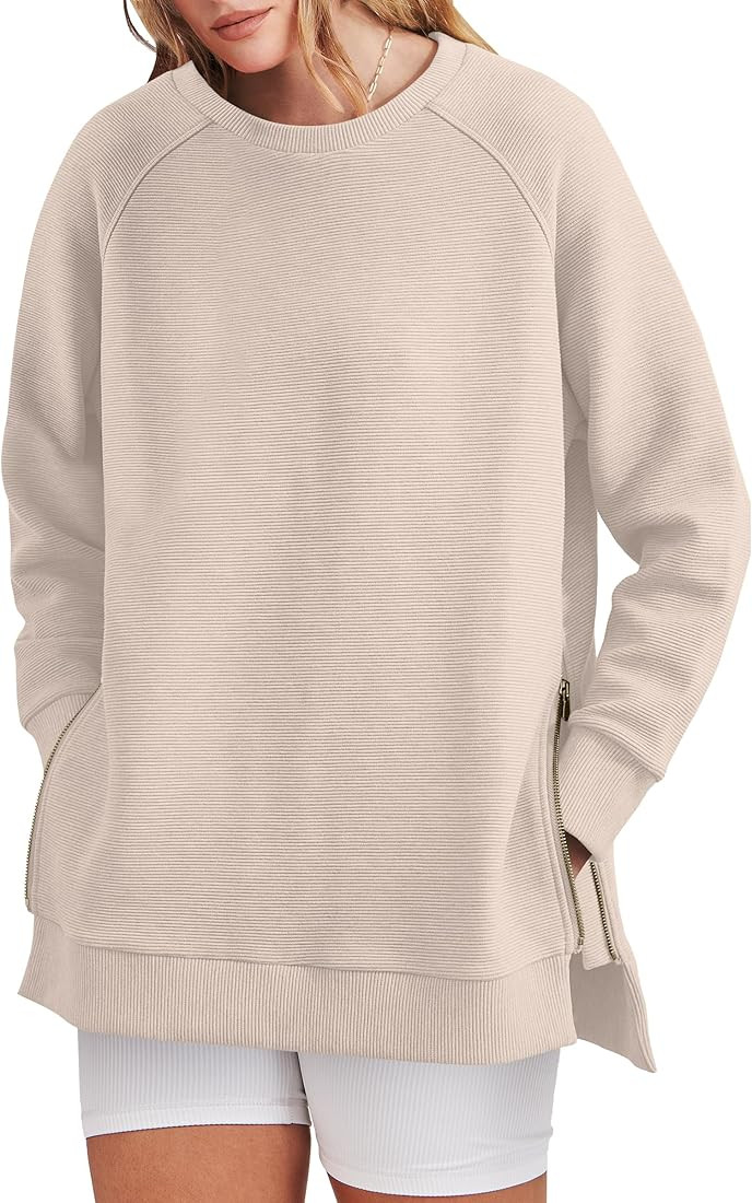 ANRABESS Womens Oversized Sweatshirt Crewneck Long Sleeve Tunic Pollover Shirt Side Zipper Hoodie... | Amazon (US)