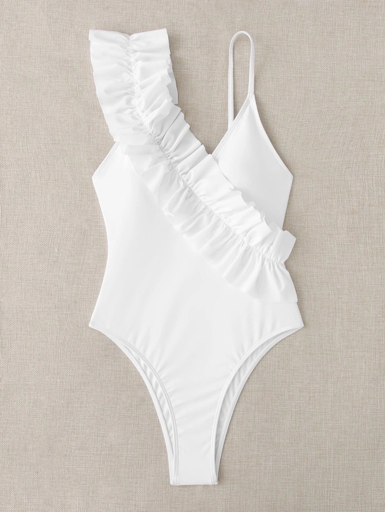 Plain Ruffle Trim One Piece Swimsuit | SHEIN