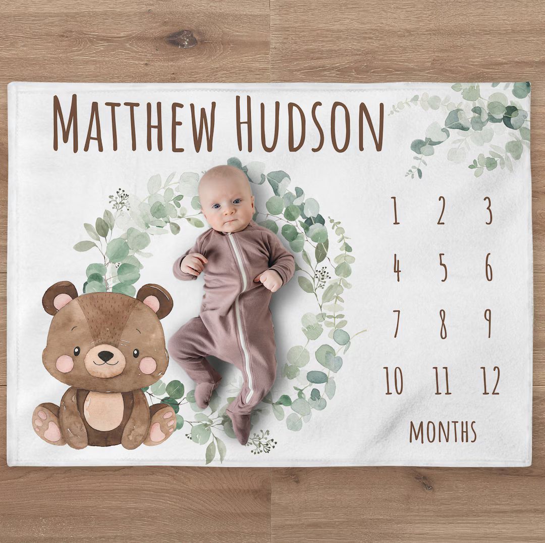 Bear Milestone Blanket, Custom Woodland Blanket, Personalized Greenery Baby Boy Month Blanket, Ne... | Etsy (US)