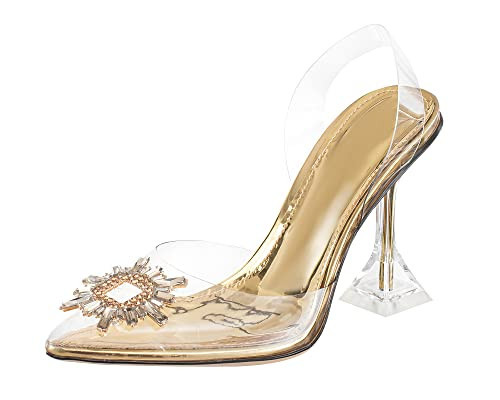 Ojiaoer Clear Heels For Women,Crystal Rhinestones Slingback Wedding Shoes,Pointed Toe High Heel Womens Sandals 7.5 | Amazon (US)