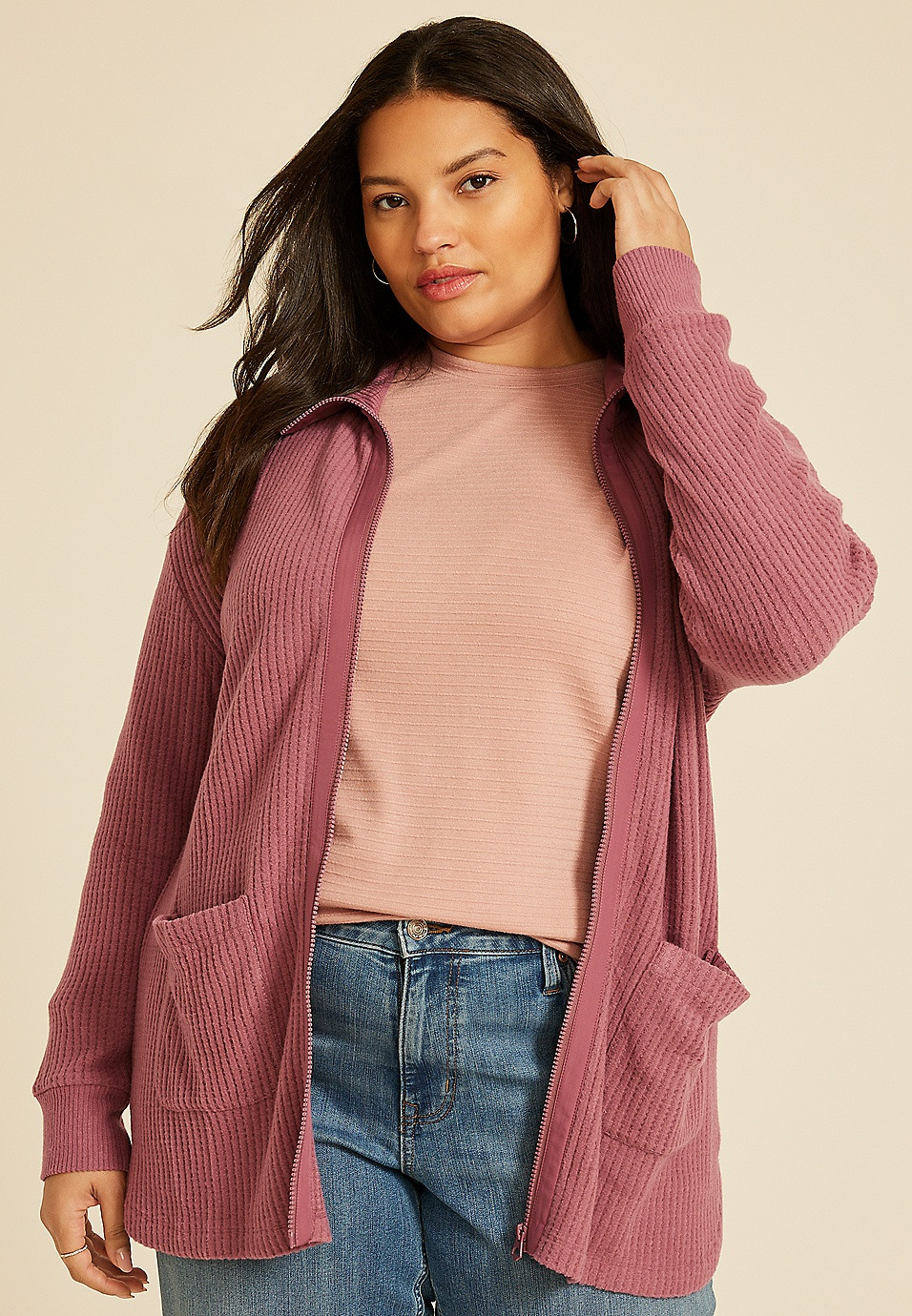 Plus Size Cozy Waffle Zip Jacket | Maurices