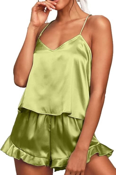 CHYRII Women's Sexy Silk Satin Ruffled Pajamas Sets Cami Shorts Sets Sleepwear | Amazon (US)