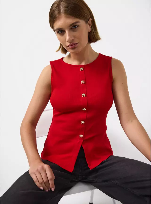 Red Sleeveless Gold Button Detail Top 10 | Tu Clothing