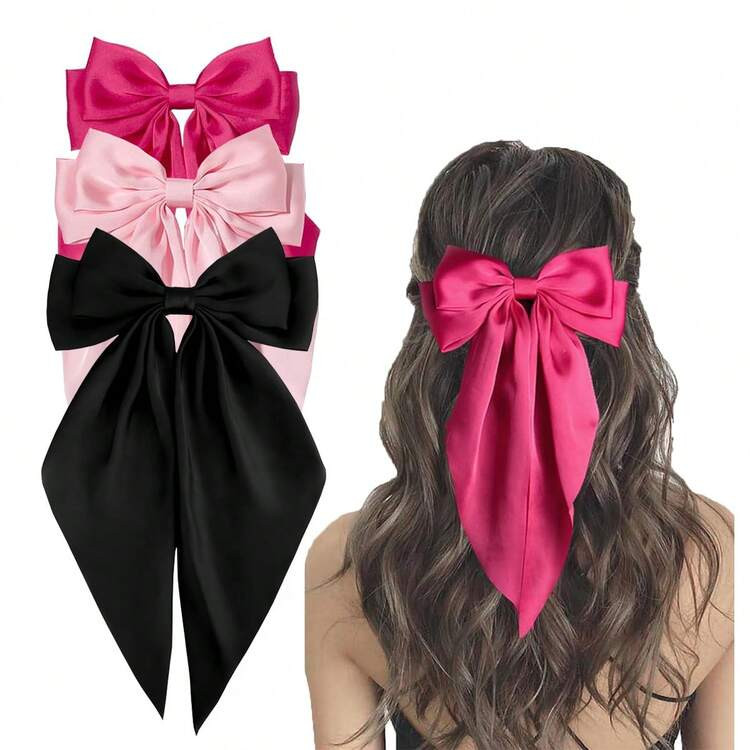 Boho 3pcs Elegant & Vintage Solid Color Bowknot Ribbon Hair Clips With Spring Clip, Suitable For ... | SHEIN