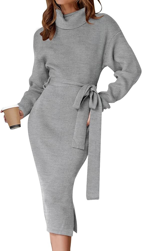 ZESICA Women's Turtleneck Sweater Midi Dress Long Sleeve Ribbed Knit Bodycon Slit Dress with Belt | Amazon (US)