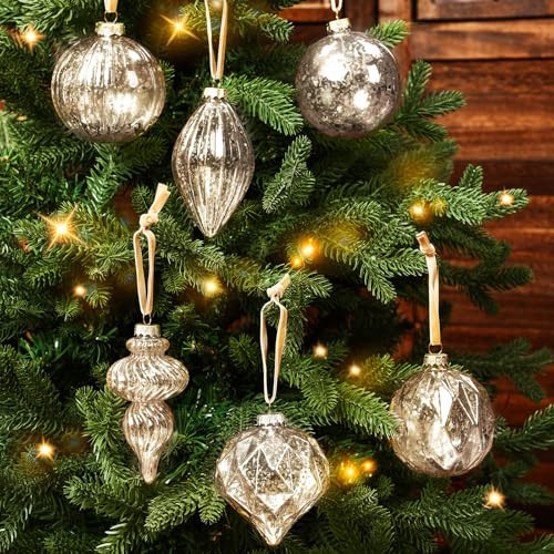 Civaner Set of 6 Silver Mercury Glass Christmas Ornaments Large Hanging Mercury Glass Balls Finials Ornaments for Christmas Tree Decoration Holiday Decor | Amazon (US)