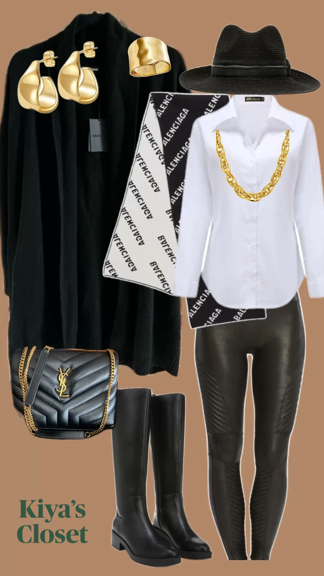 Classic meets edgy: black leather leggings, crisp white shirt, oversized cardigan, and statement gold jewelry. Shop the look for effortless sophistication. ✨ #LTKstyle #OOTD #LTKfashion

#LTKOver40 #LTKStyleTip #LTKTravel