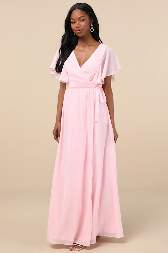Convincing Grace Light Blush Wrap Dress Pink Maxi Dress With Sleeves Short Sleeve Maxi Dress | Lulus