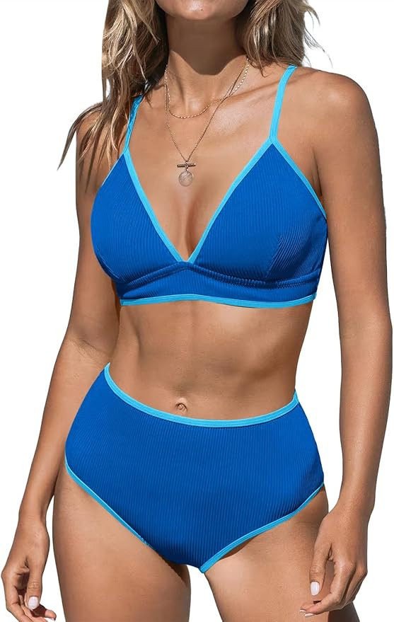 Fisoew Womens High Waisted Bikini Sets Triangle Ribbed Color Block Two Piece Swimsuit Sexy High C... | Amazon (US)