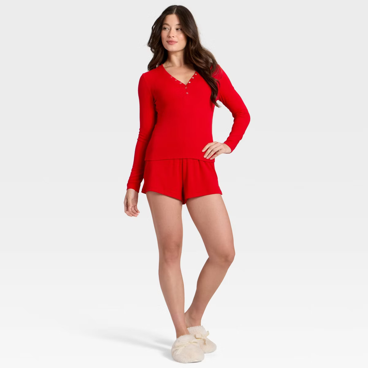 Women's Ribbed Long Sleeve Shirt and Shorts Pajama Set - Auden™ | Target