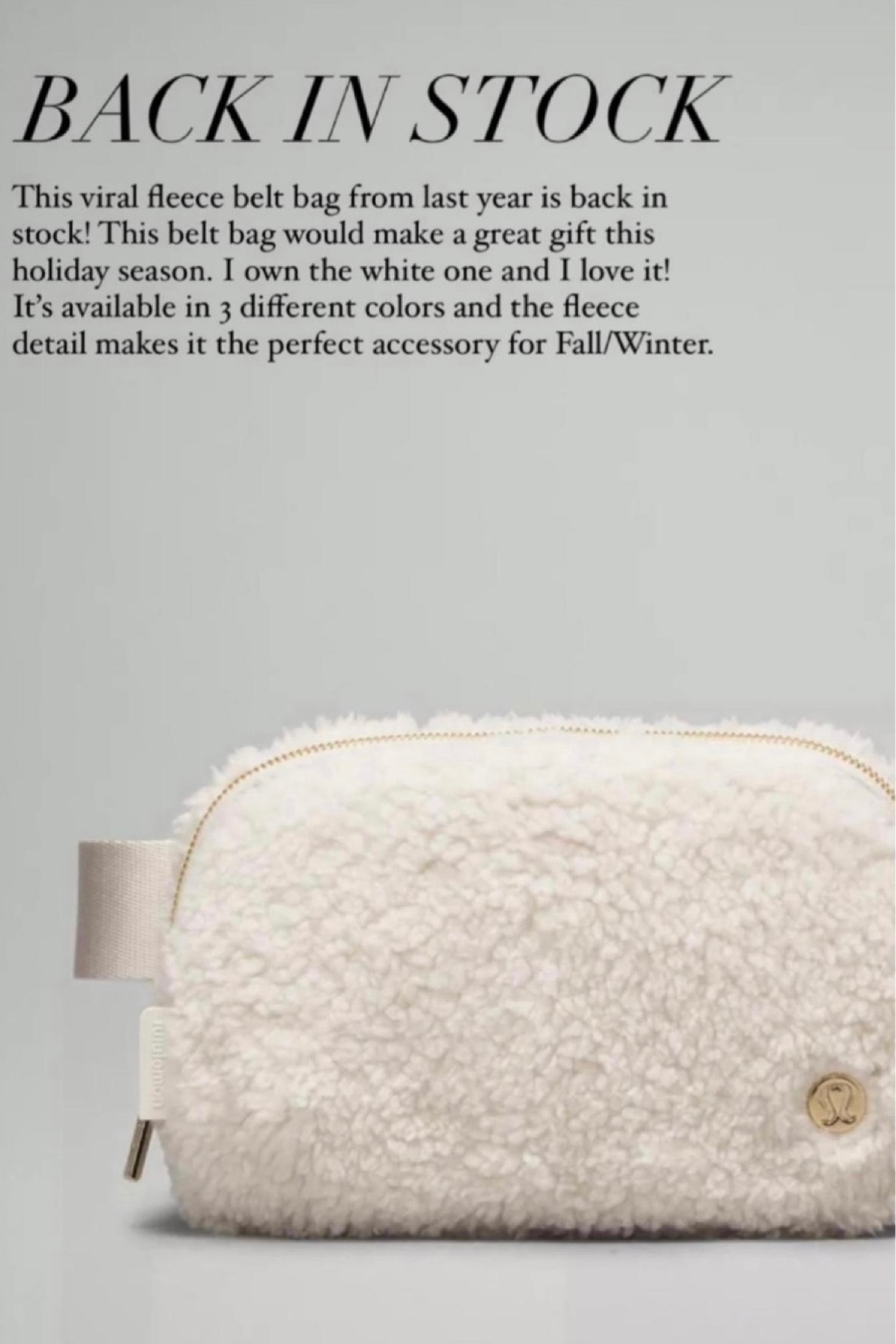 Viral fleece belt bag is back in stock! I own and love the white one from last year! Available in 4 different colors. Would make a great gift this holiday season! I own and love the 1L Sherpa belt bag, the larger 2L Sherpa belt bag is currently on sale! Also linked some new styles as well for you. @lululemon #LaidbackLuxeLife

Follow me for more fashion finds, beauty faves, and lifestyle, home decor, sales and more! So glad you’re here!! XO, Karma

#LTKitbag #LTKGiftGuide #LTKSeasonal