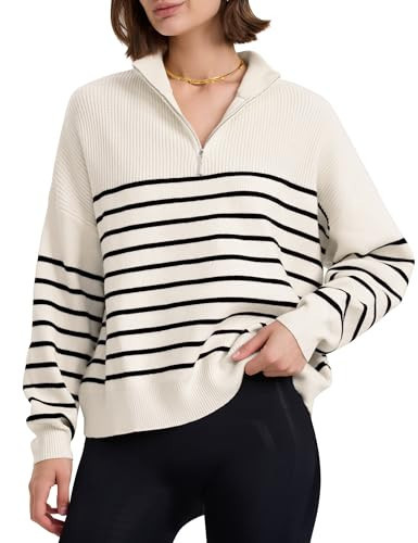PrettyGuide Womens Quarter Zip Pullover Striped Sweater Casual Loose Ribbed Knit Jumper Tops Beige Black Stripe M | Amazon (US)