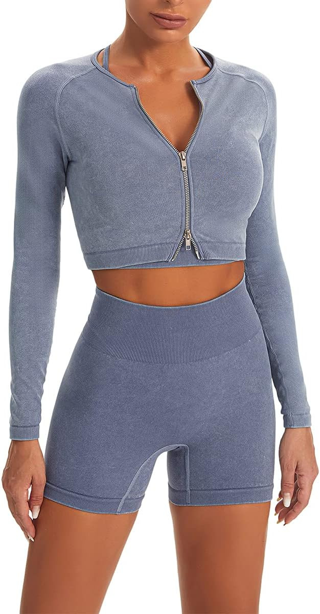 Women Seamless Yoga Outfits 2 Piece Workout Short Sleeve Crop Top with High Waisted Running Short... | Amazon (US)