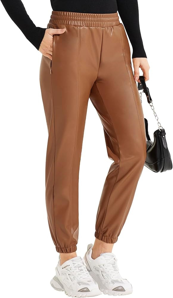 VILIGO Faux Leather Pants for Women Drawstring High Waisted PU Leather Jogger Elastic Cropped Tap... | Amazon (US)