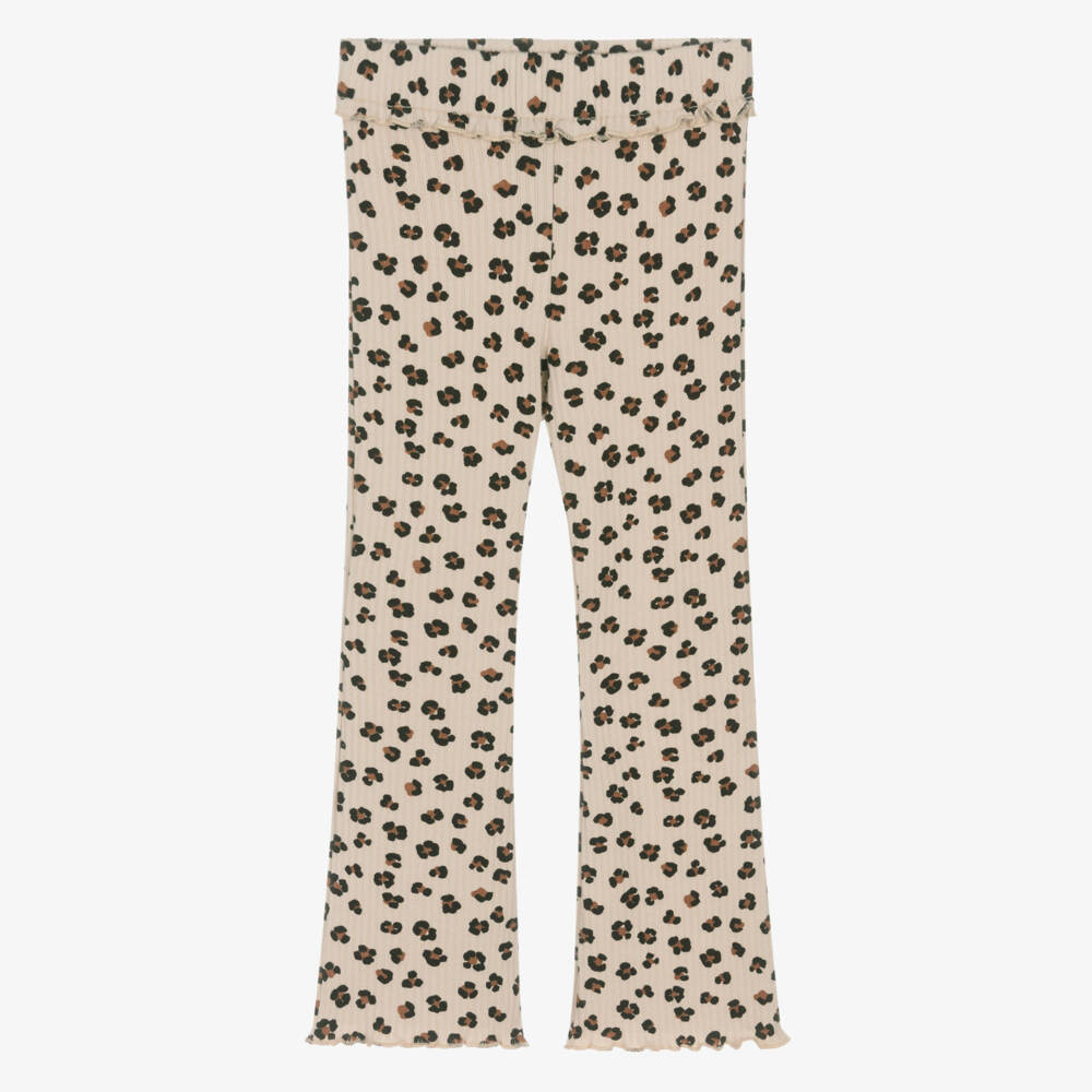 Girls Beige Ribbed Cotton Leopard Print Leggings | Childrensalon