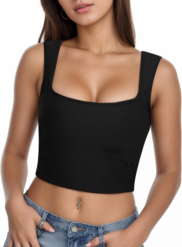 Sunzel Women's Sexy Sleeveless Crop Top Seamless Wide Square Neck Going Out Tops Summer Trendy Wo... | Amazon (US)
