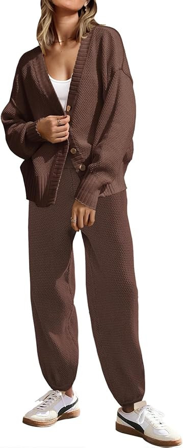 SAUKOLE Womens Two Piece Outfits Knit Sweater Sets Oversized Button Down Cardigan and Long Pants ... | Amazon (US)