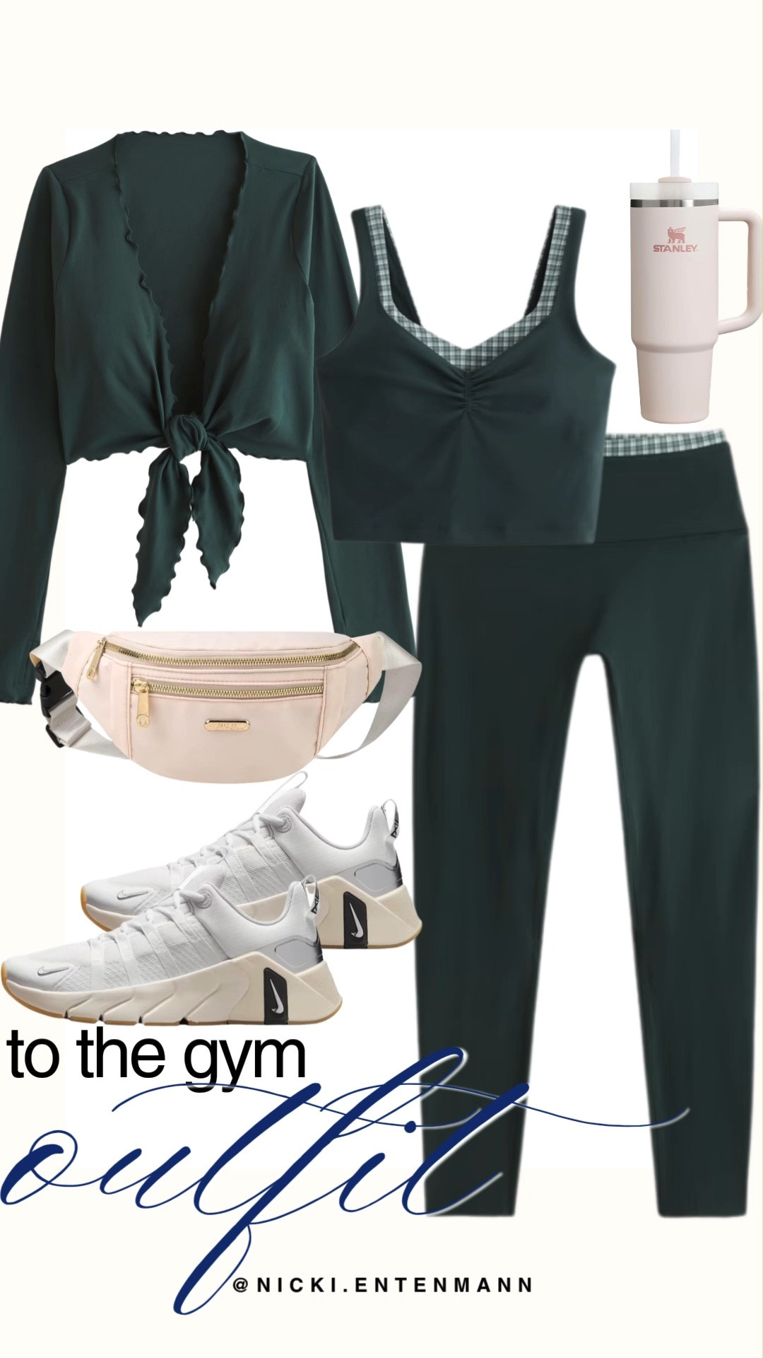 Upgrade your athletic edit with this chic dark green gym outfit. A matching forest green sports bra and legging set with subtle gingham trims pair with a coordinating tie-front long-sleeve crop cover-up. Crisp white Nike sneakers, a soft pink belt bag, and a matching pink Stanley tumbler complete this preppy fitness look.

#tothegym #gymoutfit #activewear #athleisure #workoutstyle #preppycasual #fitnessfashion 

 #LTKootd #LTKfitnessgoals #LTKActive