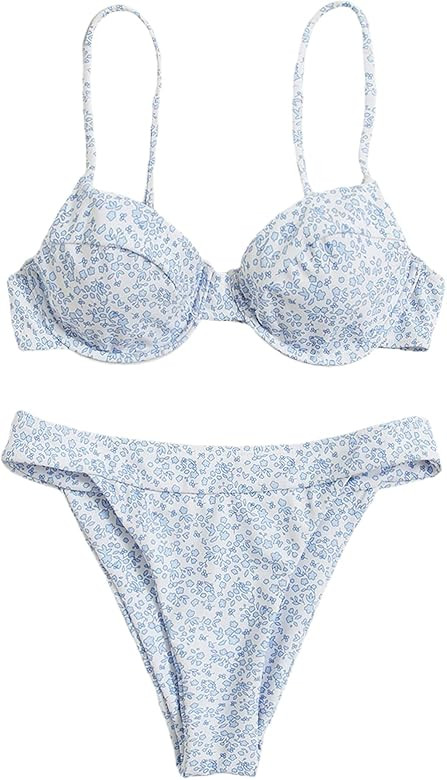 WDIRARA Women's Floral Print Underwire Bikini Swimsuit 2 Piece Bathing Suits Swimwear | Amazon (US)