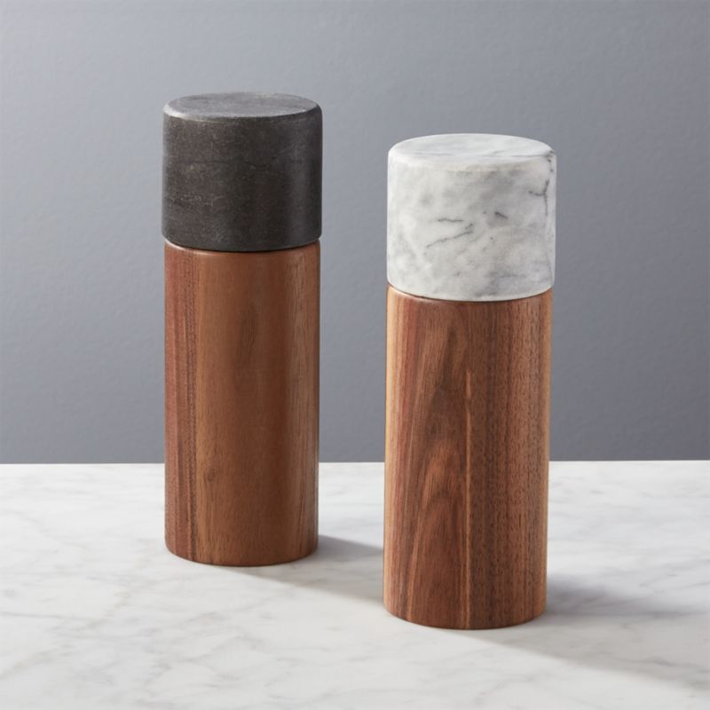 2-Piece Walnut and Marble Salt and Pepper Grinder Set of 2 + Reviews | CB2 | CB2