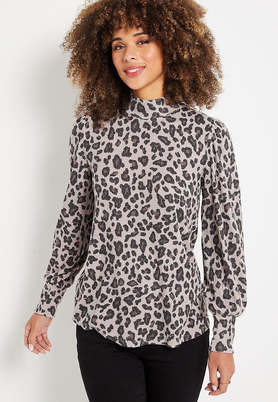 Cozy Gray Leopard Mock Neck Tee | Maurices